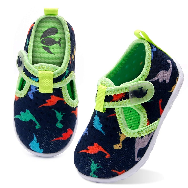 FEETCITY Baby Girls and Boys Water Shoes Lightweight Comfort Sole Easy Walking Athletic Slip on Aqua Socks Navy Dinosaur 18-24 Months Infant - Image 1